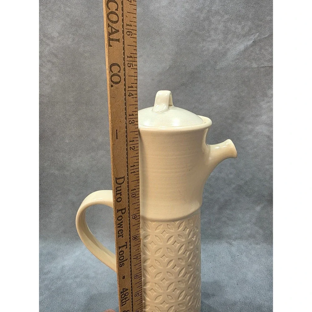 Handmade Studio Pottery Ceramic Pitcher with Lid Cream Geometric Embossed 13.5in